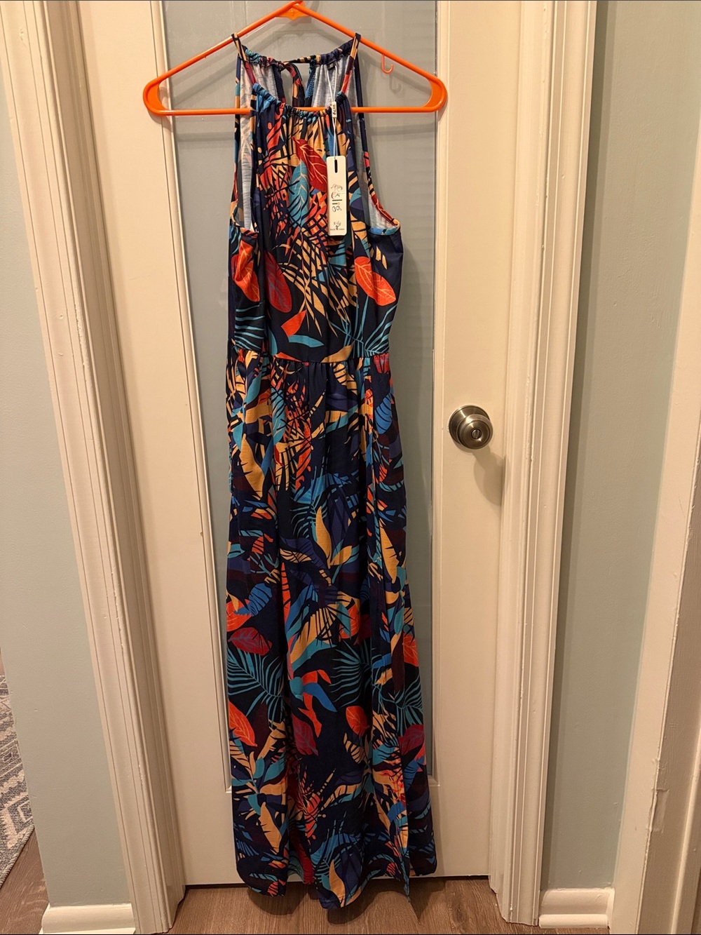 Navy Tropical Print Halter Maxi Dress - Unbranded